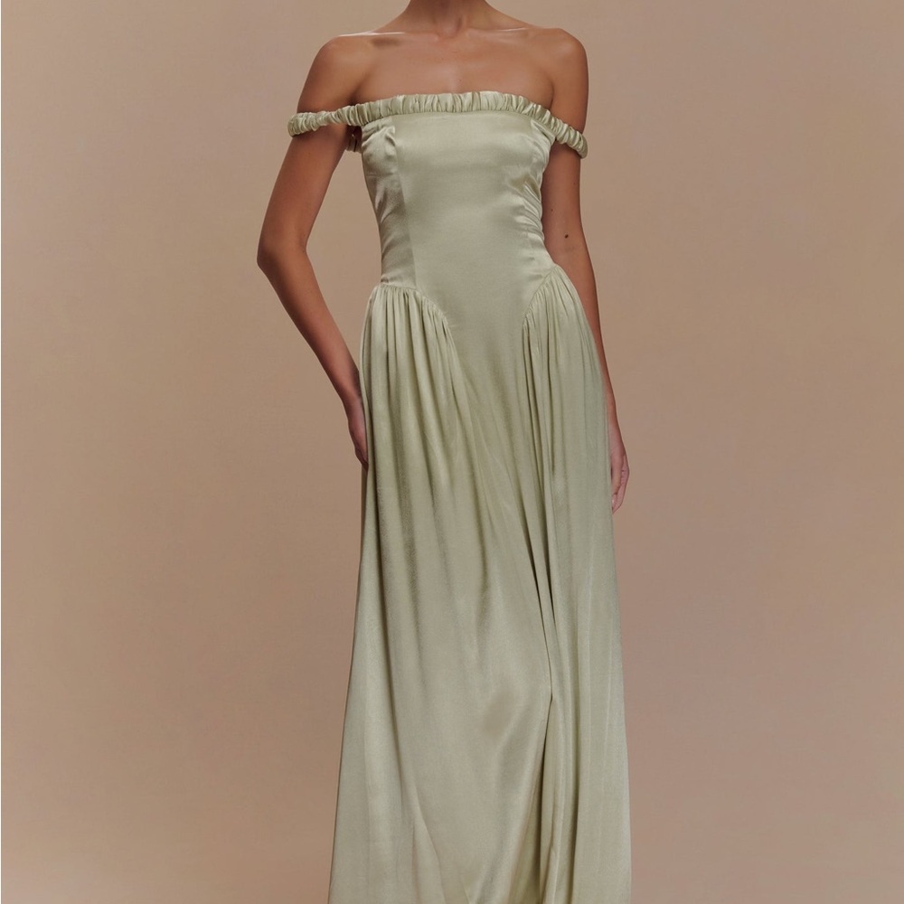 Meshki Strapless Satin Gown in Sage Green